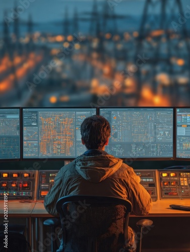 Rear view of dispatcher or engineer monitoring energy distribution grids on multiple screens in control room, electrical power station dashboard interface at night with blurry background lights