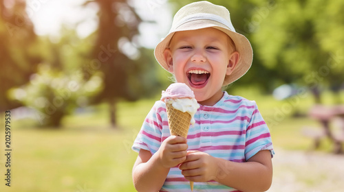 Laughing child in a striped shirt and hat holding an ice cream cone outdoors in a park on a sunny day. Childhood joy, summer treat