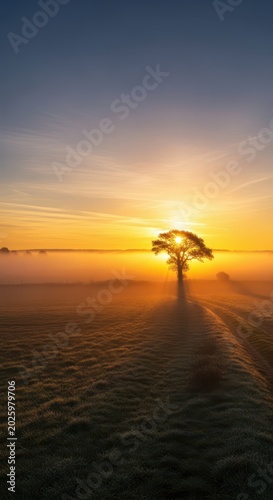 Brilliant golden light bursts over a tranquil rural landscape as the sun rises, casting long shadows across the misty morning terrain, landscape, rural, peaceful