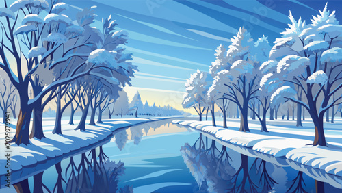 Bild auf Leinwand Beautiful winter landscape with snow covered trees along a calm river Vector