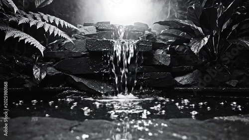 Black and white tranquil waterfall in lush green garden environment with relaxing water sound effects and ambiance