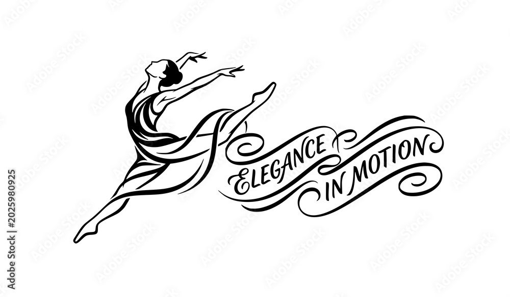 Obraz premium Elegance in Motion Calligraphy Text with Jumping Female Ballet Dancer Silhouette Vector Illustration