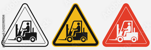 forklift safety signs vector set featuring attention symbols, industrial danger warnings and warehouse hazard templates, workplace security signage collection, caution transport equipment icons illust