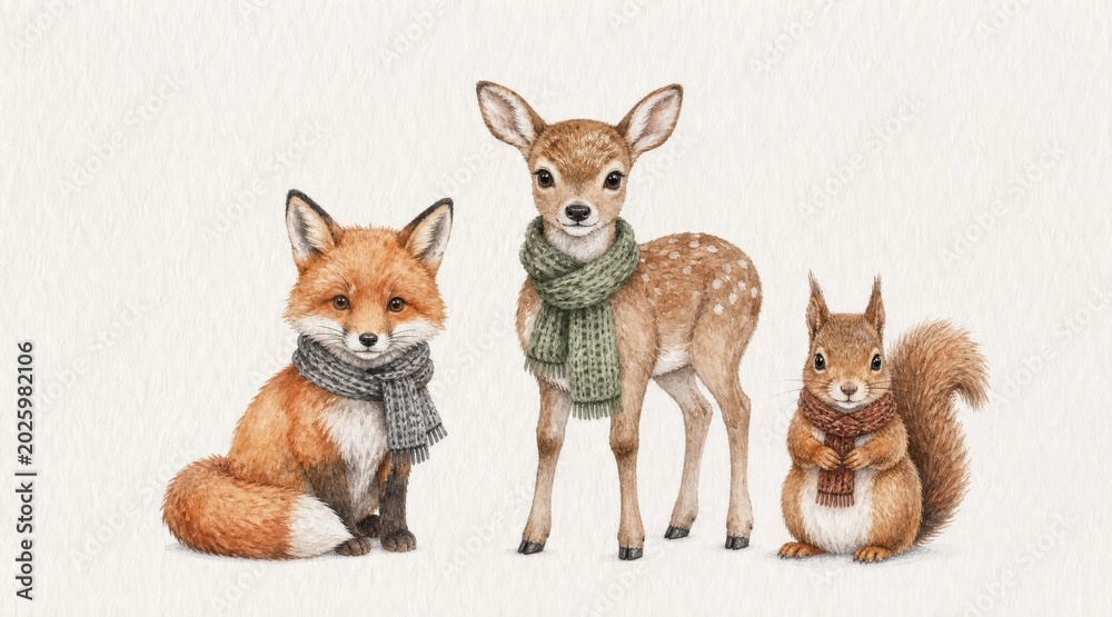 Naklejka premium Watercolor winter woodland animal illustrations