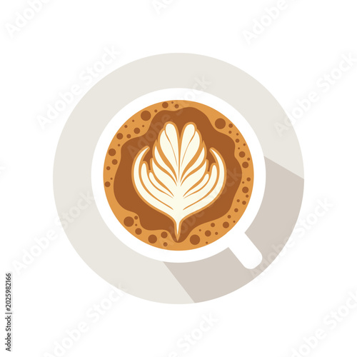 Top-down view of a coffee cup icon with rosetta latte art, flat vector illustration.