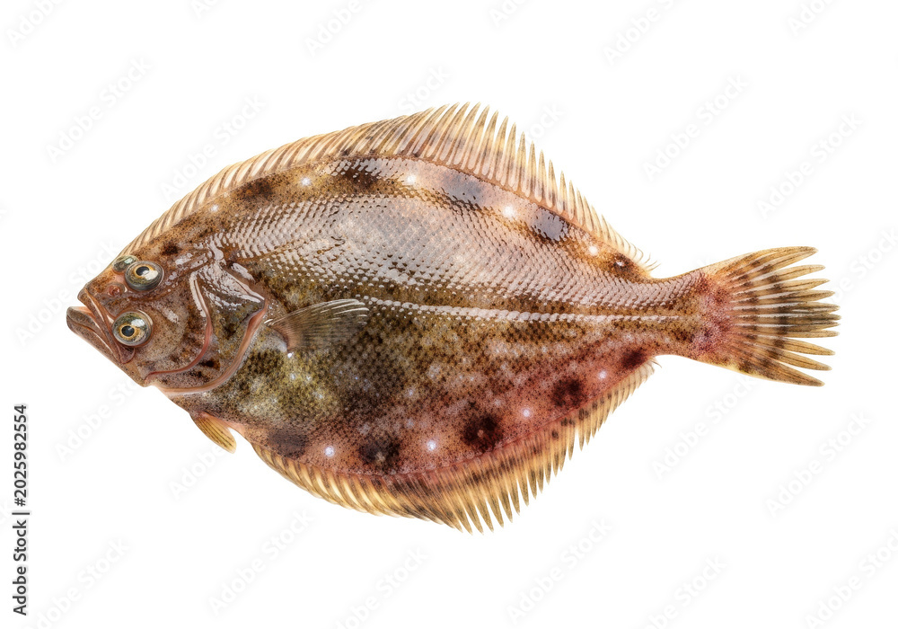 Fototapeta premium Fresh whole flatfish with detailed scales and texture isolated on transparent background for culinary use