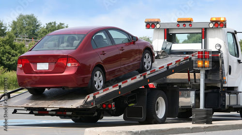 A broken-down red car being towed by a truck