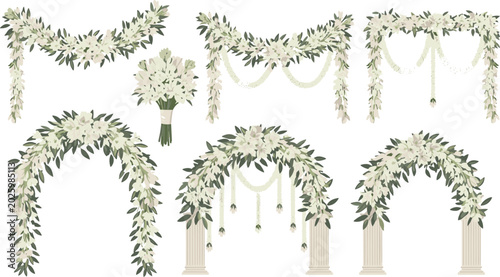 Foto Wedding floral vector illustration set with white tuberose arches garlands bouquets columns isolated on white background