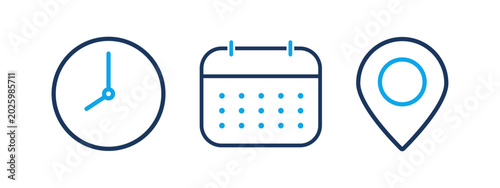 Time, date, and address icon. clock, calendar, and location elements for deadlines, scheduling, and time management. Useful date and address details for navigation symbol. Vector illustration.