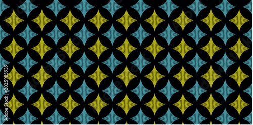 Bild auf Leinwand A vibrant and textured seamless pattern featuring intersecting circles in shades of blue and yellow with a distinct hatched texture that adds depth and a crafted tactile appearance