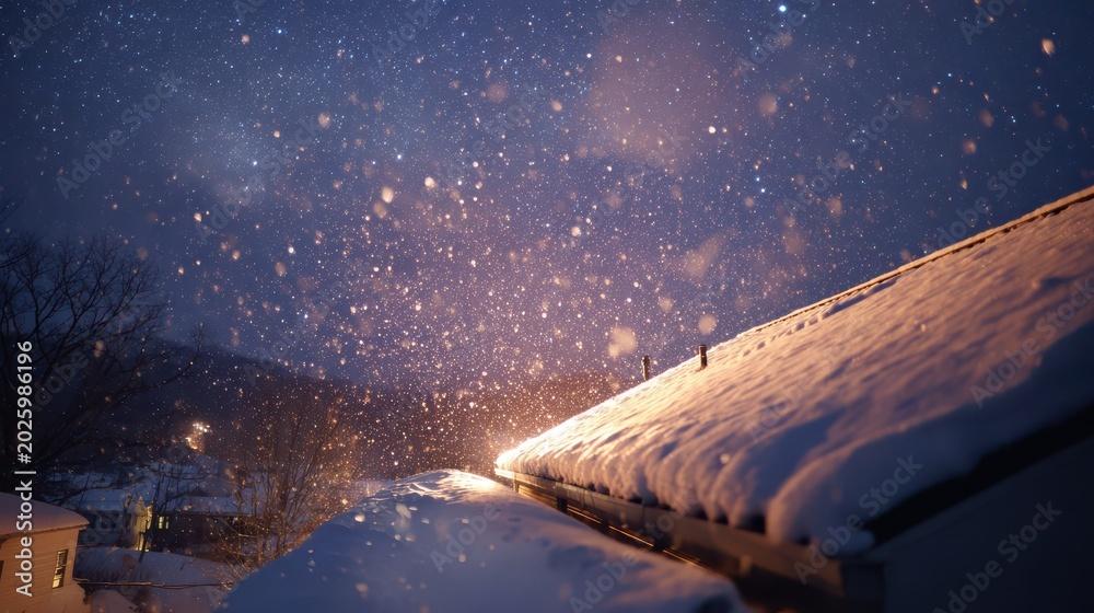 Fototapeta premium Snow falls gently on a rooftop in a small town during the evening, creating a winter scene with scattered lights in the background