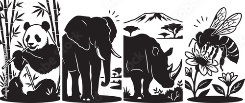 Canvas Print Biodiversity Silhouette Set Endangered Species Panda Elephant Rhino Bee