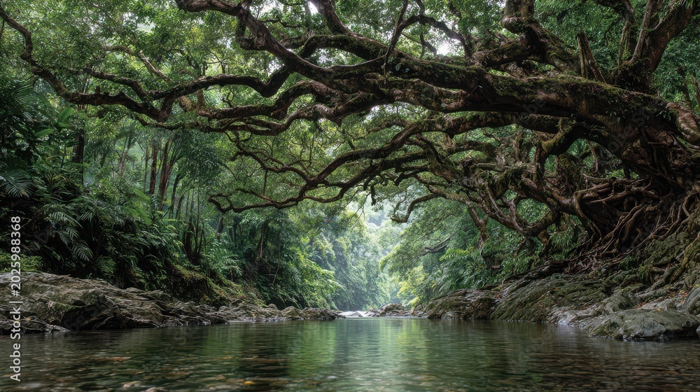 Fototapeta premium Large tree branches extend over a calm river surrounded by dense green foliage in a forest during midday in a tropical location