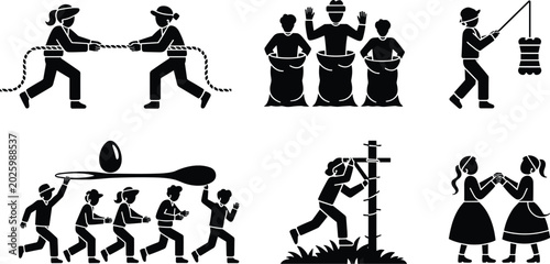 Traditional Outdoor Field Games Icon Set with Tug of War Sack Race and Egg Spoon Race for Festivals Picnics and Sports Day Designs