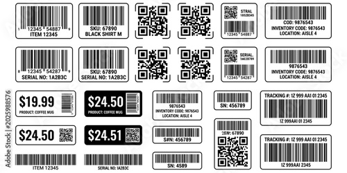 Barcode and QR code labels for scanning, retail store product ID labeling stickers. Variety of industrial barcode and qr code labels for retail inventory usage. Vector illustration.