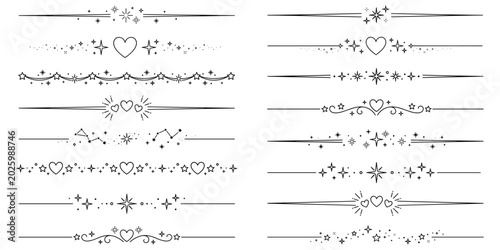 Set of elegant page dividers with hearts stars and decorative ornaments. Decorative sparkle star dividers, minimalist line borders with magical sparkles. Vector illustration.
