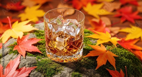 A heavy crystal glass filled with amber whiskey and clear ice cubes sits on a mossy rock surrounded by vibrant orange fall maple leaves, moss, forest, landscape