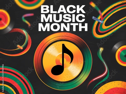 Black music month celebration poster with colorful vinyl records and musical notes on a dark background