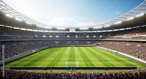 A massive outdoor sports arena features a vibrant green pitch under a bright sun with thousands of filled seats during a major competition, arena, grandstand, football