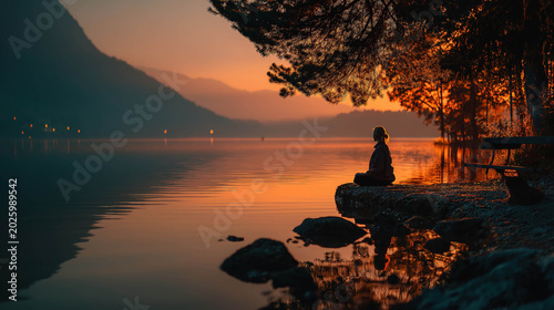 Calm spiritual meditation session at lake guided practice supporting emotional healing and peace