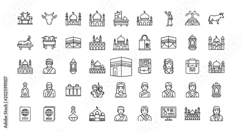 Schilderij op canvas Islamic Hajj and Umrah pilgrimage icons set, 45 thin line vector symbols of Kaab
