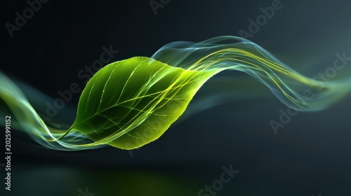 Close-up of a vibrant green leaf with flowing light trails against dark background