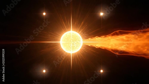 Bright yellow star emitting light rays and a fiery orange plasma stream in dark space image photo
