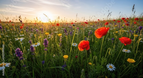 Radiant summer meadow filled with many blooming wildflowers and lush grass, illuminated by the soft, warm glow of golden evening sunlight, landscape, plants, scenery
