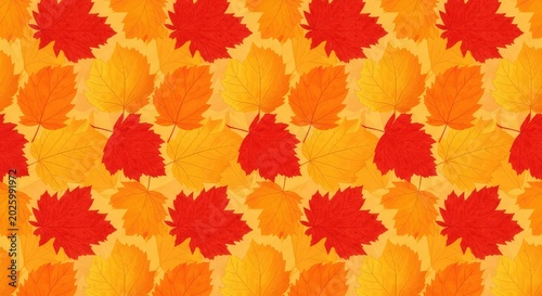 Vibrant seamless pattern featuring a variety of autumn leaves in warm shades of orange, red, and gold, perfectly repeating for backgrounds, foliage, wrap, tileable