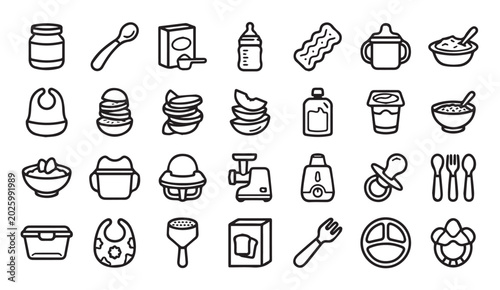 Fotografie Baby feeding and nutrition icon collection with nutrition utensils babyfood