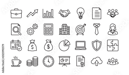 Fotografie Business development and corporate strategy line icons with business, strategy