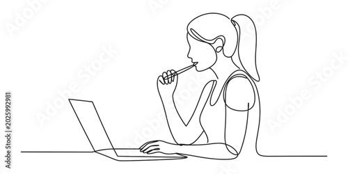 Tableau sur toile Woman thinking while working on a laptop continuous line art