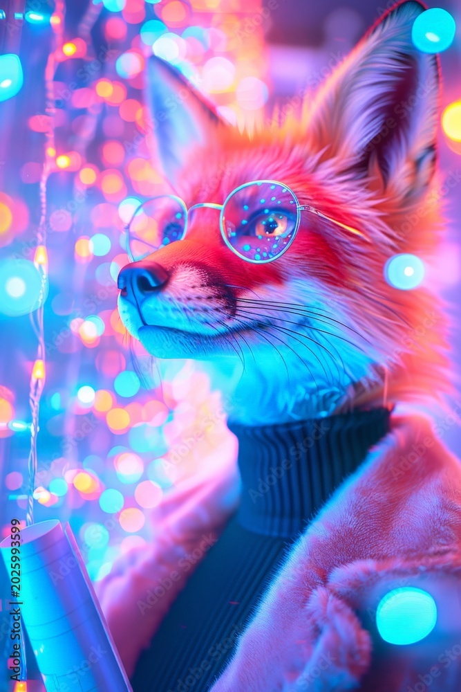 Fototapeta premium Red fox with glasses and sweater, glowing lights in background