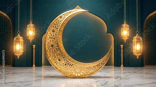 Golden crescent moon decorative light on dark background