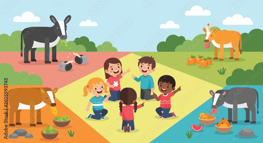 Naklejka premium Children Playing with Farm Animals Together.