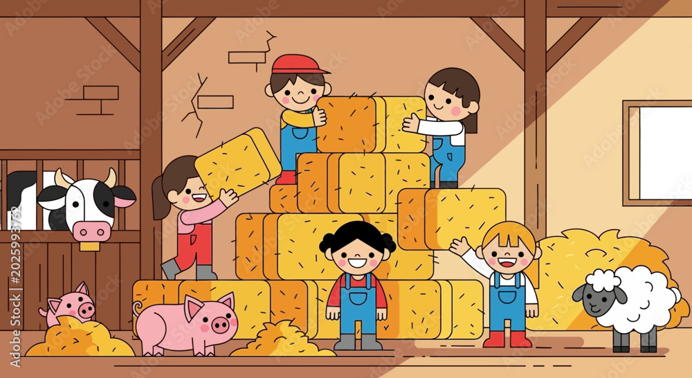 Fototapeta premium Children playing with haystack farm.