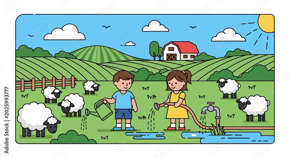 Obraz premium Children Playing with Sheep in Field.
