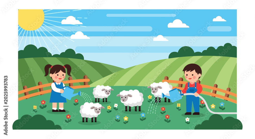 Obraz premium Children Playing With Sheep Outdoors.