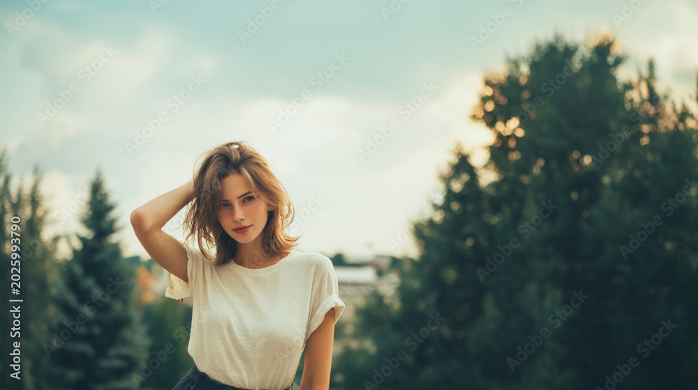 Naklejka premium young woman in casual summer outfit lifestyle portrait, natural beauty portrait of woman in minimal fashion style, relaxed modern female model in simple summer clothing
