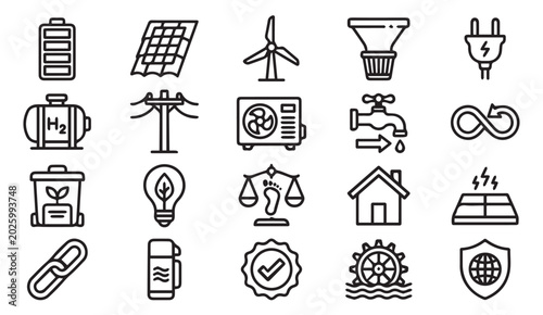 Konstfotografi Sustainable energy and environmental conservation line icons with sustainable