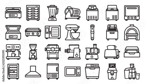 Cuadro en lienzo Commercial kitchen and restaurant cooking appliances outline icons with culinary