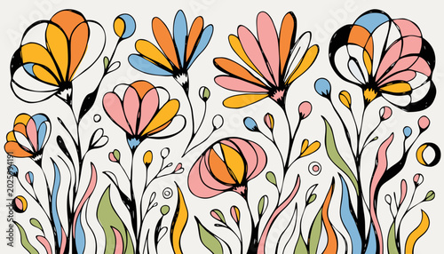 Tableau sur toile Abstract line art flowers with colorful petals and wavy stems in modern artistic style