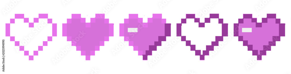 Fototapeta premium pink pixel art hearts icons. Vector 8-bit retro game graphic design