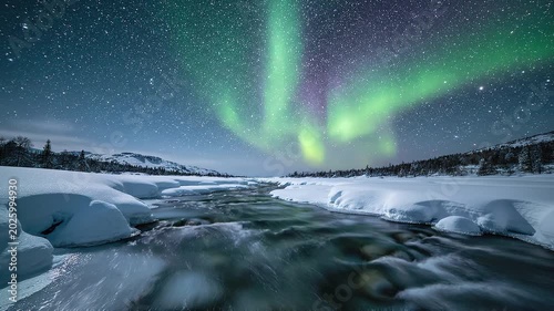 Realistic Aurora Reflection on Snowy Arctic River