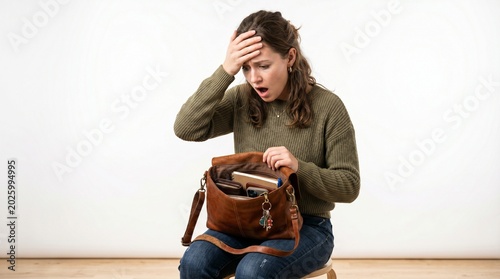 Woman Checking Empty Bag Realizing She Forgot Something Isolated on White