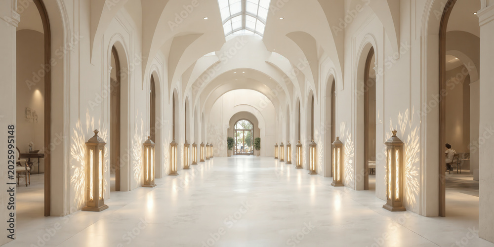 Fototapeta premium Arched Corridor with Floor Lanterns and Decorative Niches A grand hallway marked by a series of smooth, curved arches, lit