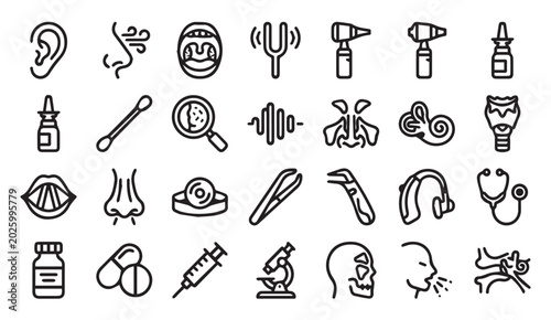 Schilderij op canvas Set of medical and healthcare line icons for otolaryngology and diagnostics