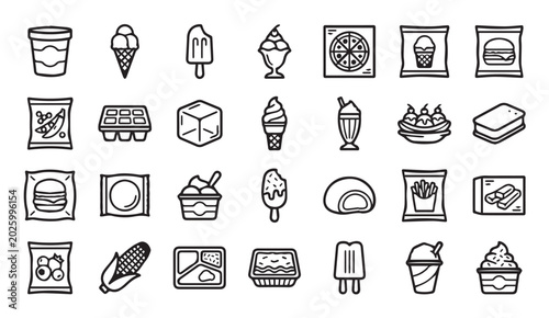 Bild auf Leinwand Set of various ice cream and frozen food line icons with popsicle, confectionery