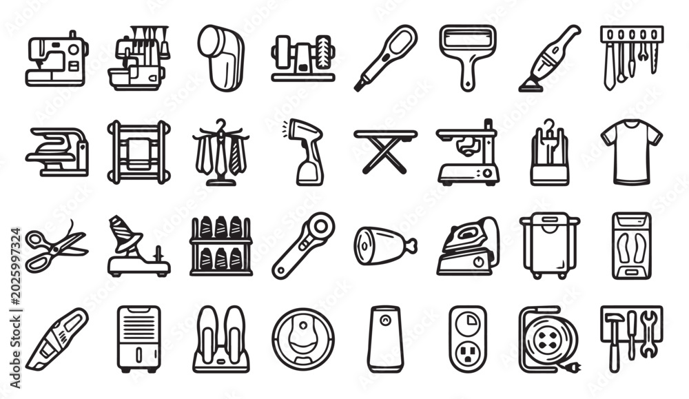 Naklejka premium Garment care and laundry equipment outline icon collection with clothing