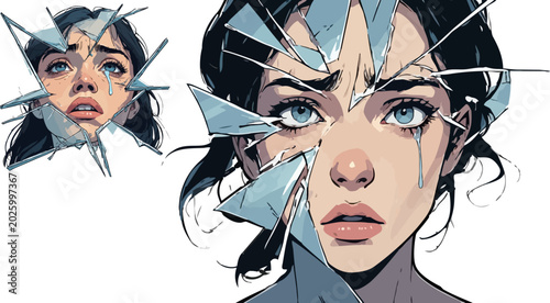 Bild auf Leinwand Melancholic anime woman face behind broken glass shards, crying girl with blue e